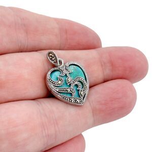 Vintage Thai Sterling Silver 925 Compressed Turquoise Marcasite Heart Pendant